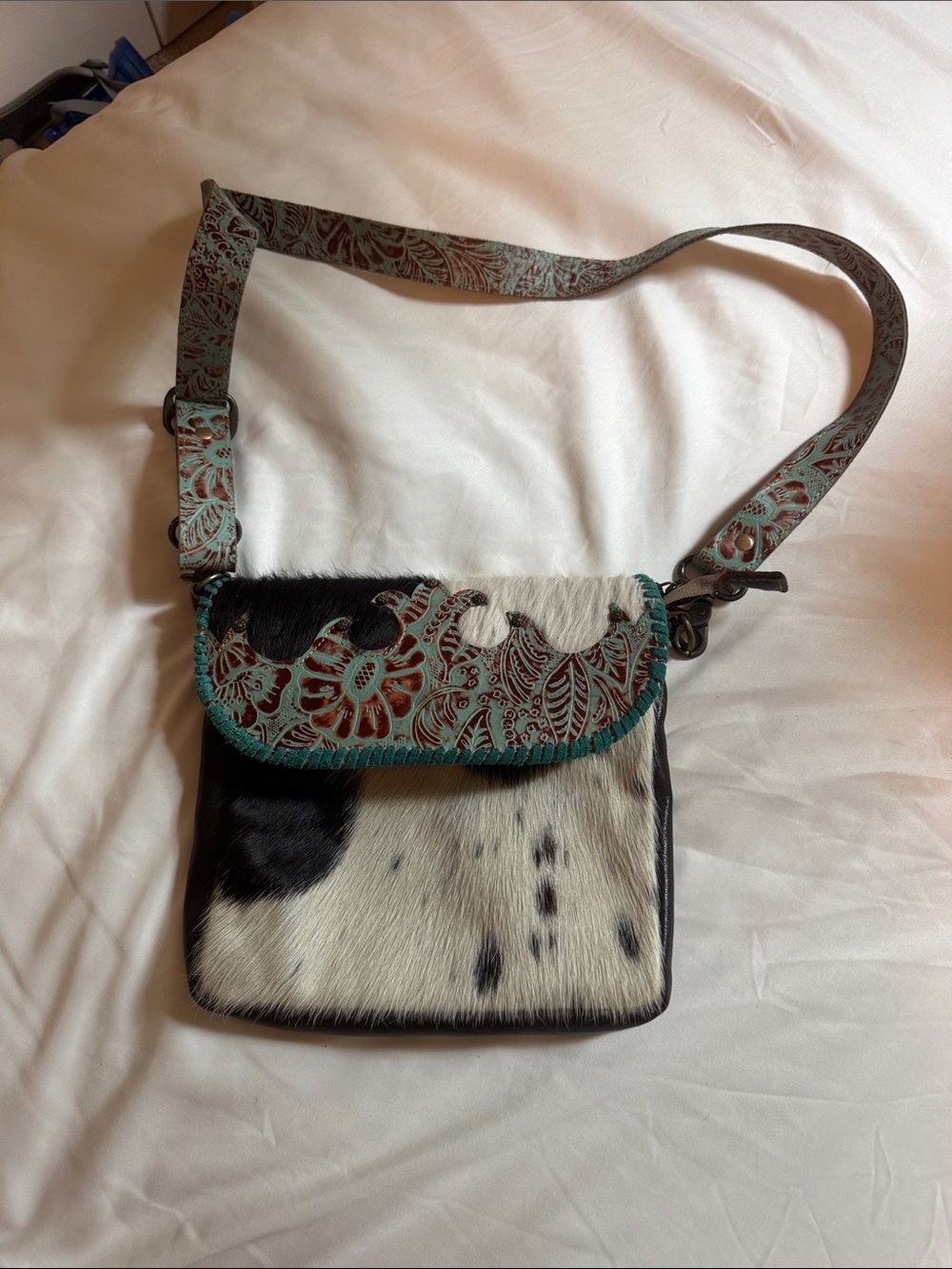 Myra Bag Black & White Cowhide Crossbody with Turquoise Floral Strap